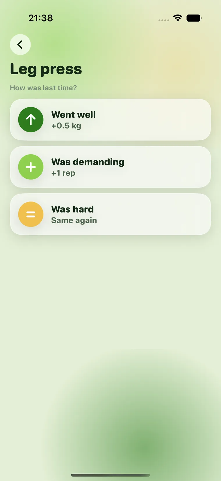 The one question: “How was last time?” with the three answers “Went well”, “Was demanding” and “Was hard”.