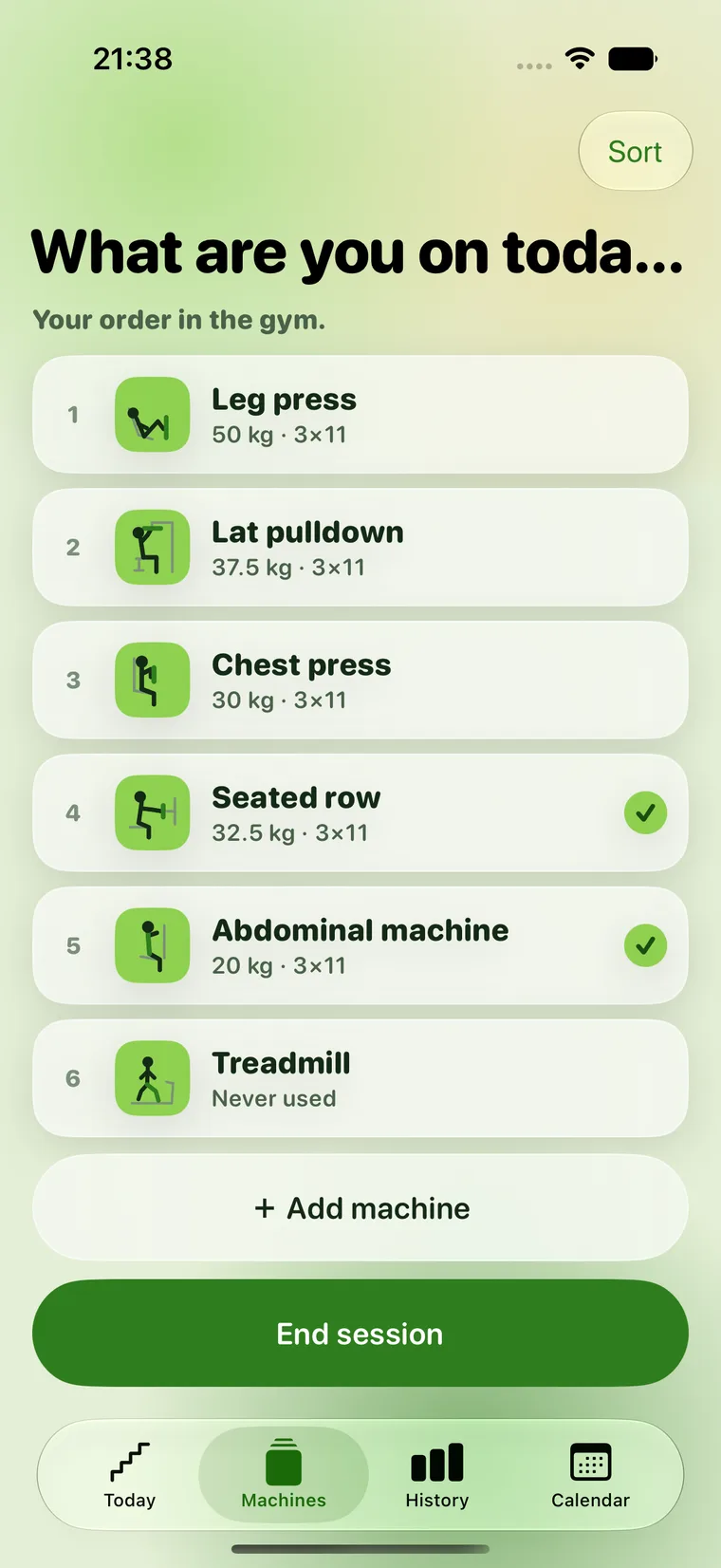 The machine list “What are you on today?” with numbered machines in the order of the gym.