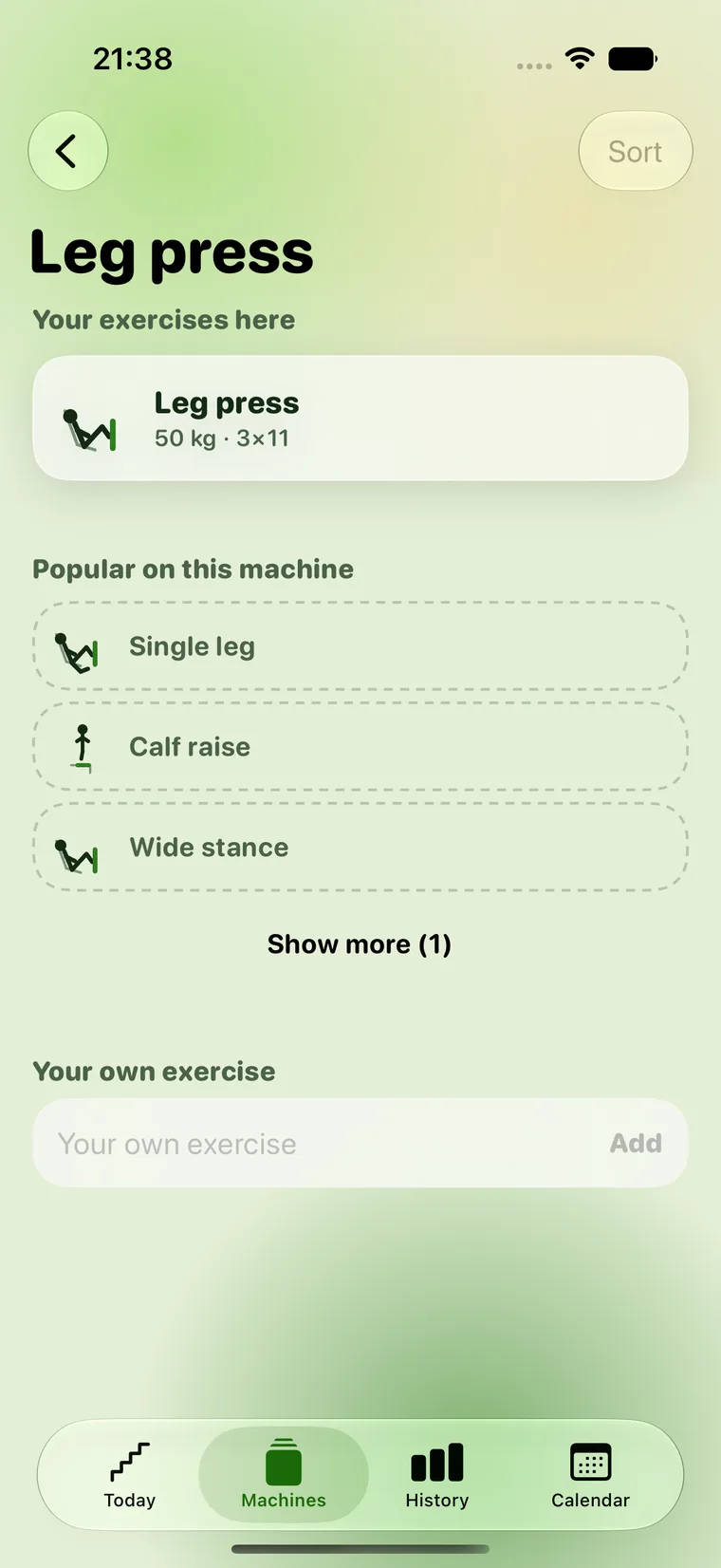 The exercise screen of a machine, with your own exercises and suggestions below them.