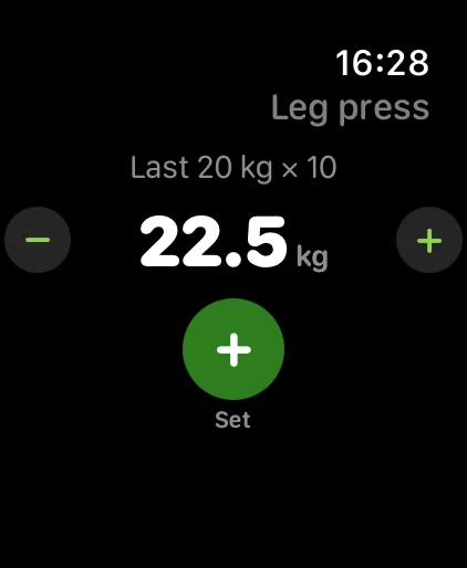 Apple Watch showing the entry screen: “Last 20 kg × 10”, below it 22.5 kg in large type, with a minus and a plus button on either side.