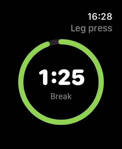Apple Watch showing the break timer: a green ring emptying out, the remaining 1:25 large in the middle.