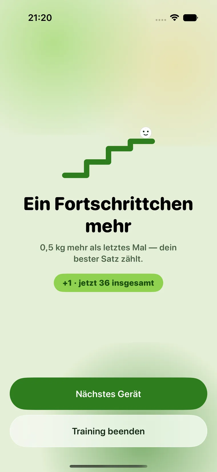 Der Feier-Bildschirm: „Ein Fortschrittchen mehr“ mit einer Pille, die den neuen Gesamtstand zeigt.