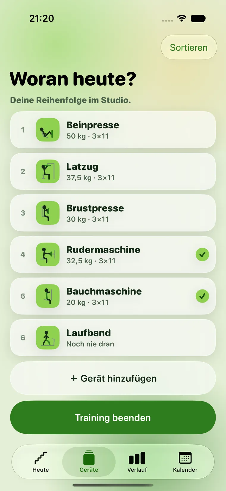Die Geräteliste „Woran heute?“ mit nummerierten Geräten in der Reihenfolge des Studios.