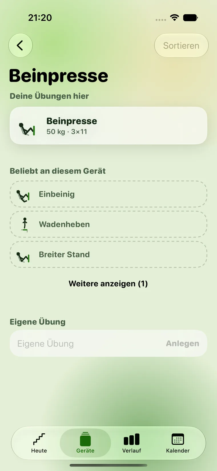 Der Übungs-Bildschirm eines Geräts mit den eigenen Übungen und Vorschlägen darunter.