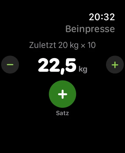 Apple Watch mit der Erfassung: „Zuletzt 20 kg × 10“, darunter groß 22,5 kg, links und rechts eine Minus- und eine Plus-Taste.