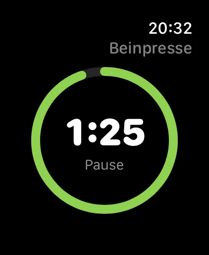 Apple Watch mit dem Pausentimer: ein grüner Ring, der sich leert, die Restzeit 1:25 groß in der Mitte.